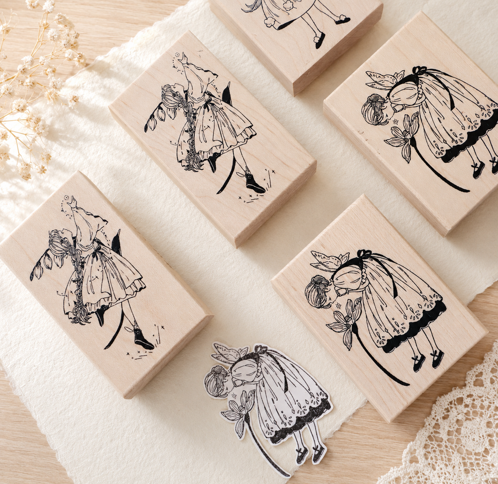 Flowers and Girl Wooden Stamp