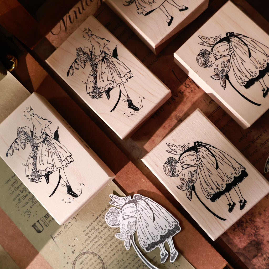 Flowers and Girl Wooden Stamp